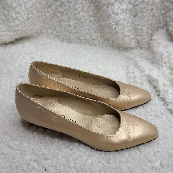 St John Vintage Metallic Gold Leather Low‎ Block Heel Pumps sz 6 - Picture 1 of 9